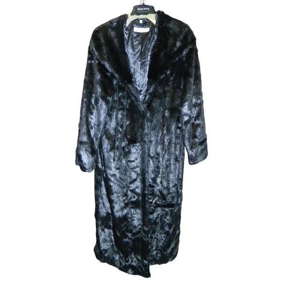Pamela McCoy Collection Black Faux Fur Long Coat Size L 52" Long With Tags New - Picture 1 of 16